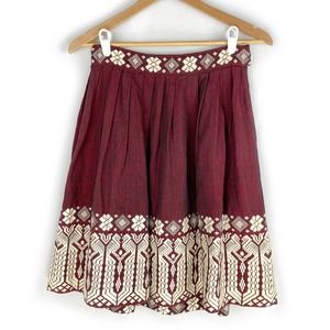 Vintage Full Skirt Embroidered Maroon 50s Nordic Knee Length Pleated 28" Waist